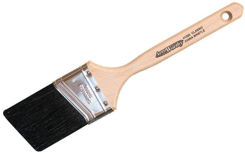 A close-up image of the ArroWorthy Black China Bristle Professional Angle Sash Paint Brush 1020 showcasing its natural wood handle, stainless steel ferrule, and black china bristles.