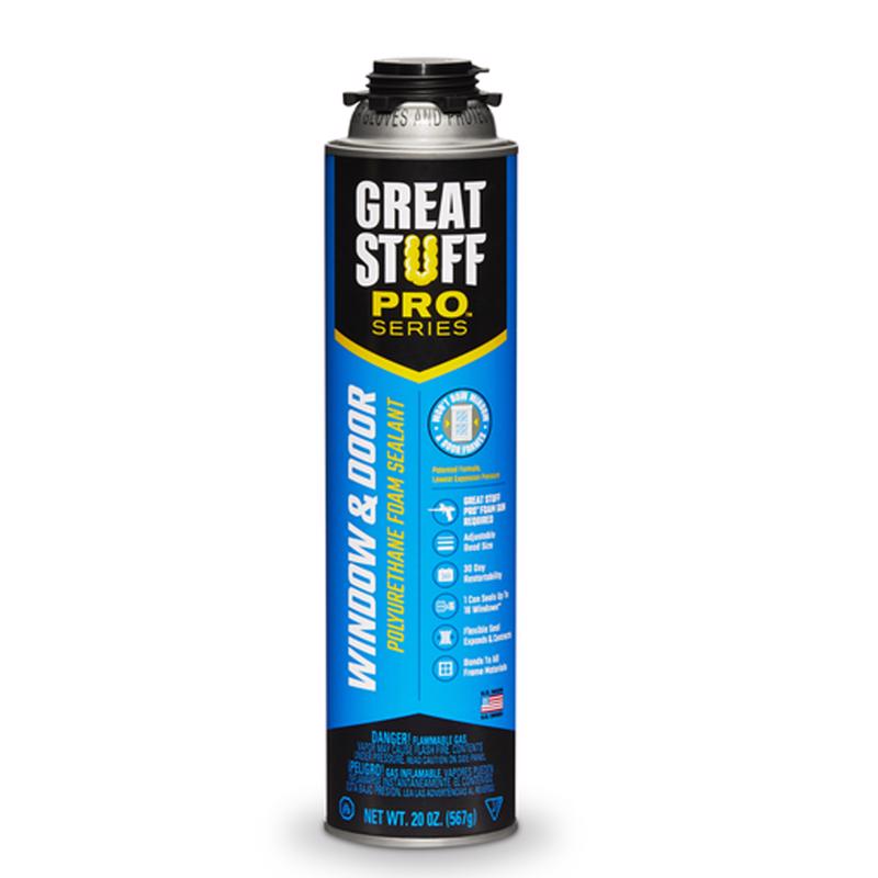 Can of Great Stuff Pro Series Yellow Polyurethane Insulating Foam Sealant on white background.