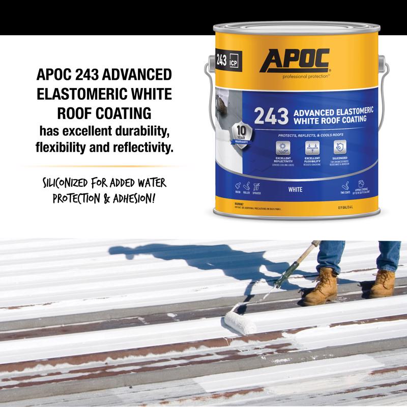 APOC 243 Advanced Elastomeric White Roof Coating Gallon AP-243 being applied to a roof.