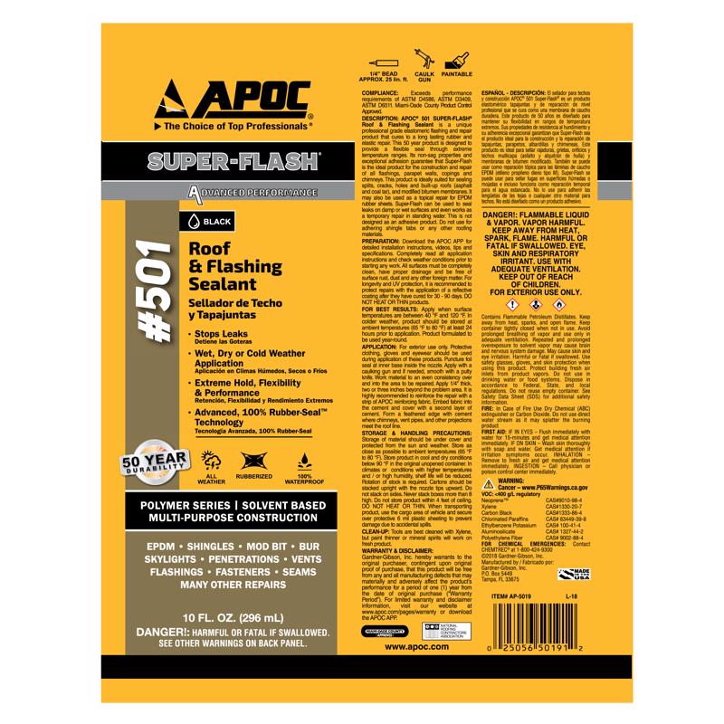 APOC 501 Neoprene Flashing Sealant 10.1 Oz AP-501 back of can label.