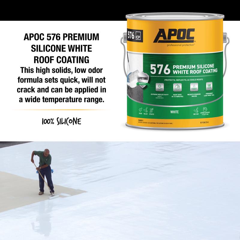 APOC 576 Premium Silicone White Roof Coating Gallon AP-576 being applied to a roof with a roller.