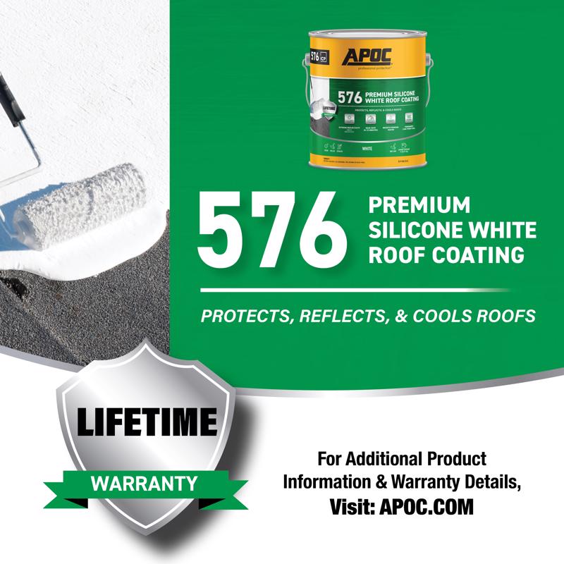APOC 576 Premium Silicone White Roof Coating Gallon AP-576 Warranty Infographic