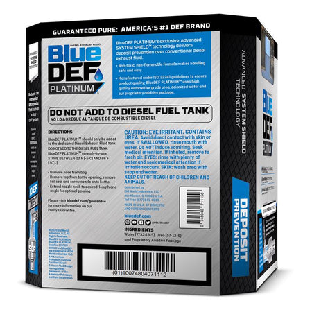 Blue Def Platinum Diesel Fuel System Cleaner 2.5 Gal back label.