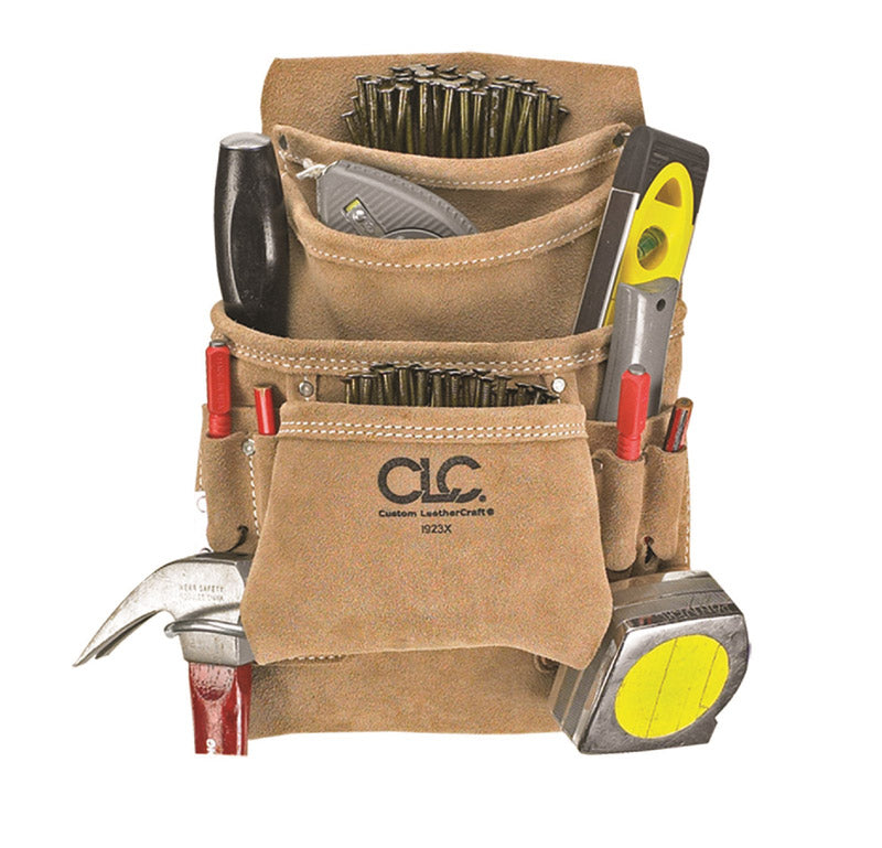 CLC Suede 10- Pocket Nail & Tool Bag shown full of tools.