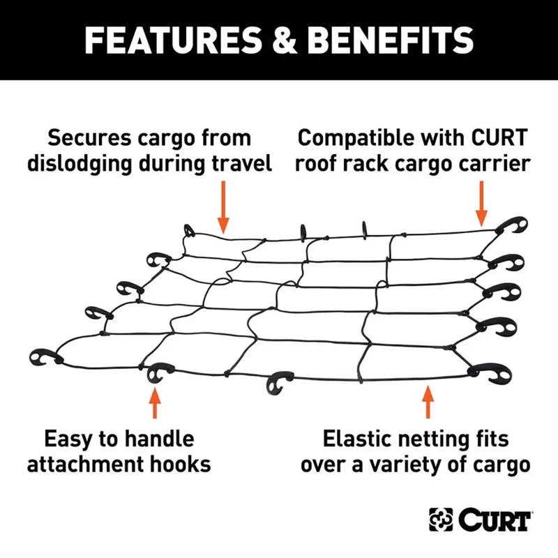 Curt Black Adjustable Cargo Net shown extended and highlighting the product features.