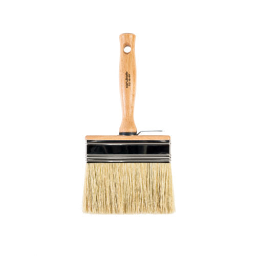 Wooster Bravo Stainer Bristle Paint Brush highlighting the square construction and white China bristles,