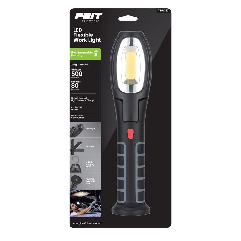 Feit Electric WORK500FLEXBAT Battery Handheld Work Light shown in manufacturer packaging.