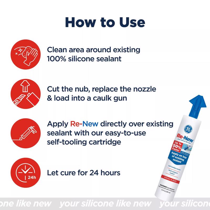 GE Re-New White Silicone Kitchen and Bath Caulk Sealant How to Use Infographic