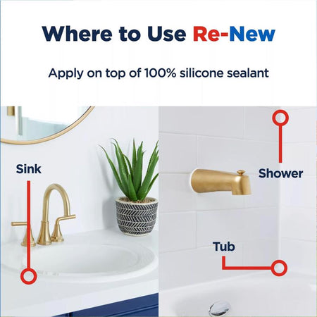 GE Re-New White Silicone Kitchen and Bath Caulk Sealant Where to Use Infographic