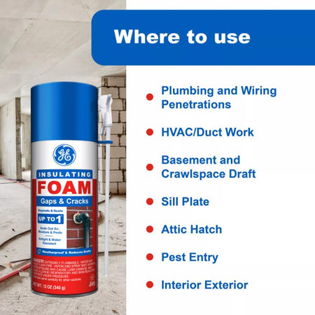 GE Insulating Foam Gaps & Cracks Sealant 12 Oz 2844271 Where to Use Infographic