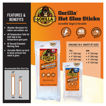 Gorilla All Temp Hot Glue Sticks 30-Pack Product Highlights