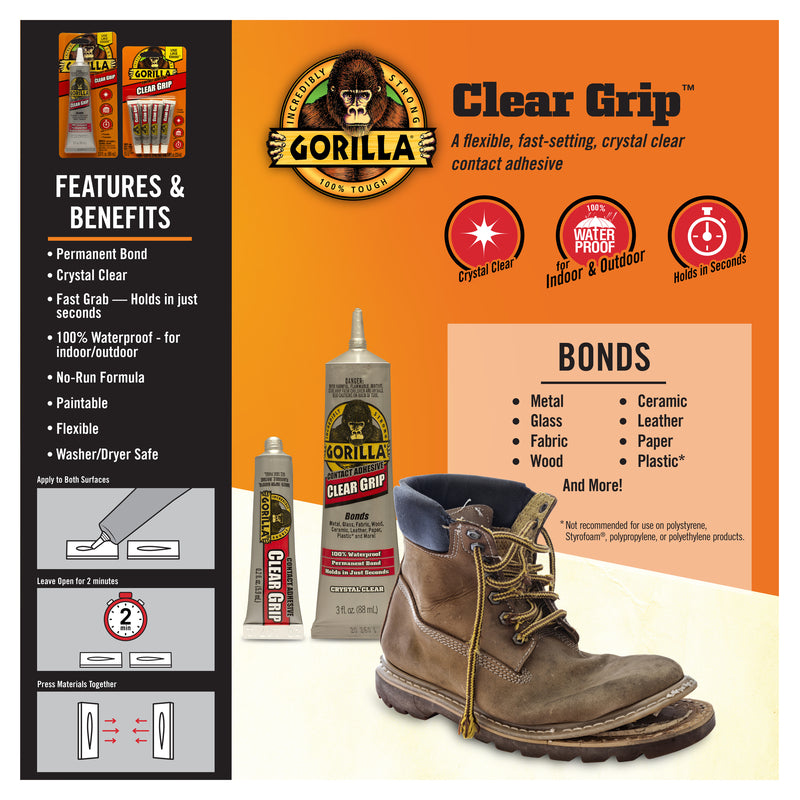 Gorilla Clear Grip Contact Adhesive Product Highlight Infographic