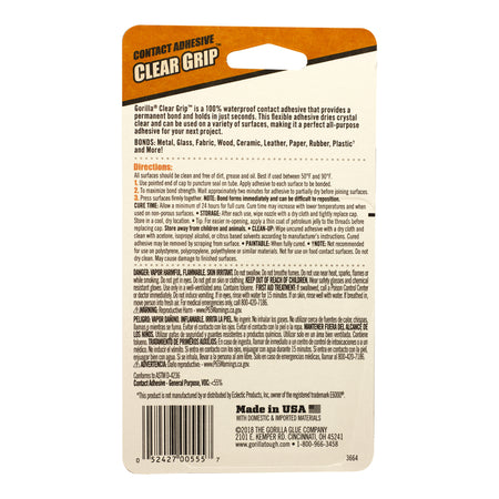 Gorilla Clear Grip Contact Adhesive back of package