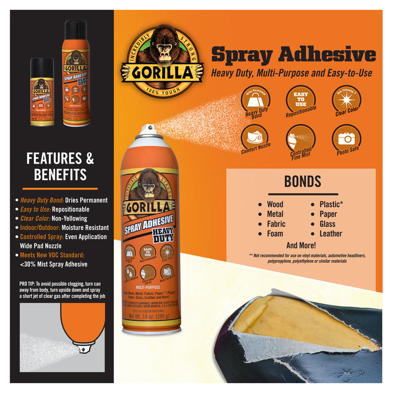 Gorilla Heavy Duty Spray Adhesive Product Highlight Infographic