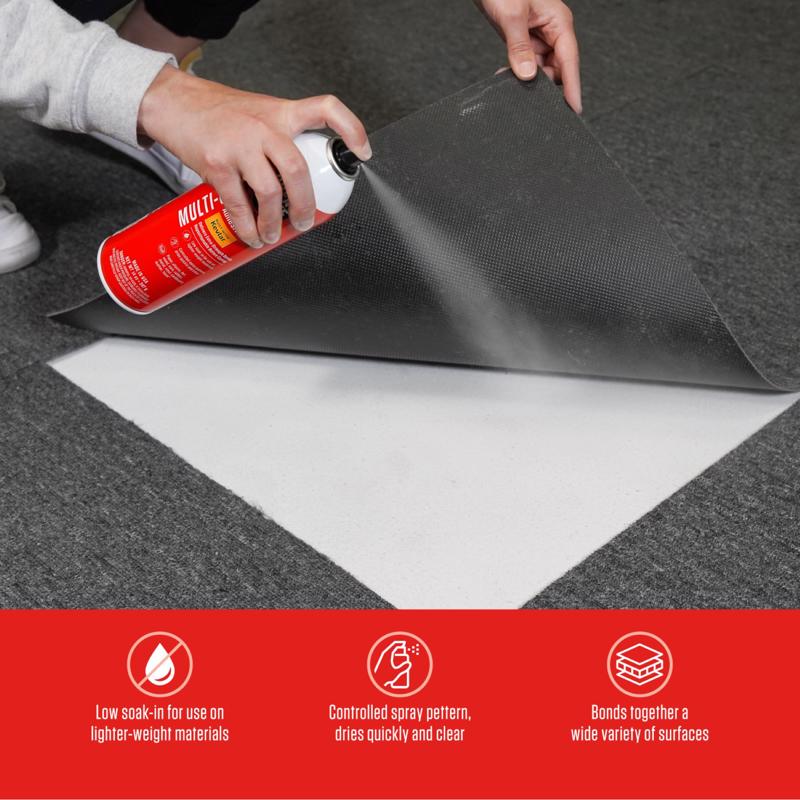 Great Stuff Multi-Use Premium Mist Spray Adhesive being applied to flooring under carpet tile.