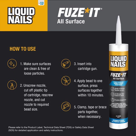 Liquid Nails Fuze It! 9oz All Surface Adhesive How to Use Infographic