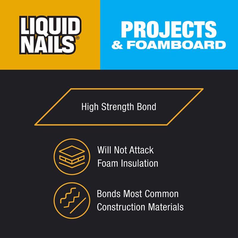 Liquid Nails Projects & Foamboard Adhesive Product Highlight Infographic