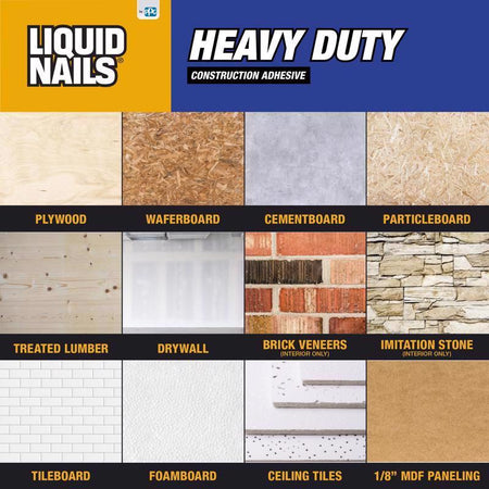 Liquid Nails Heavy Duty Construction & Remodeling Adhesive Where to Use Infographic