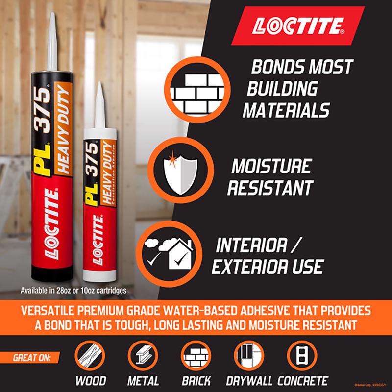 Loctite PL 375 Synthetic Elastomeric Polymer Construction Adhesive Product Highlight Infographic