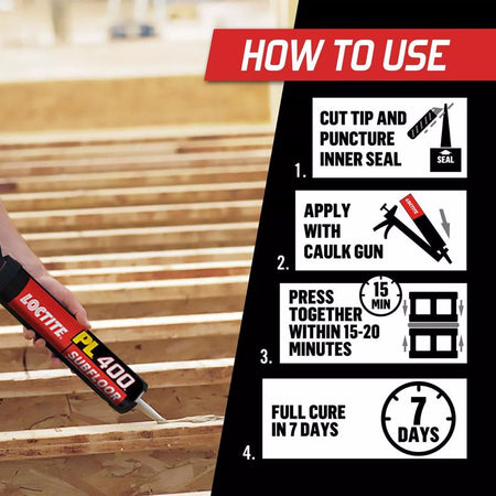 Loctite Heavy Duty Subfloor & Deck Adhesive PL400 How to Use Infographic
