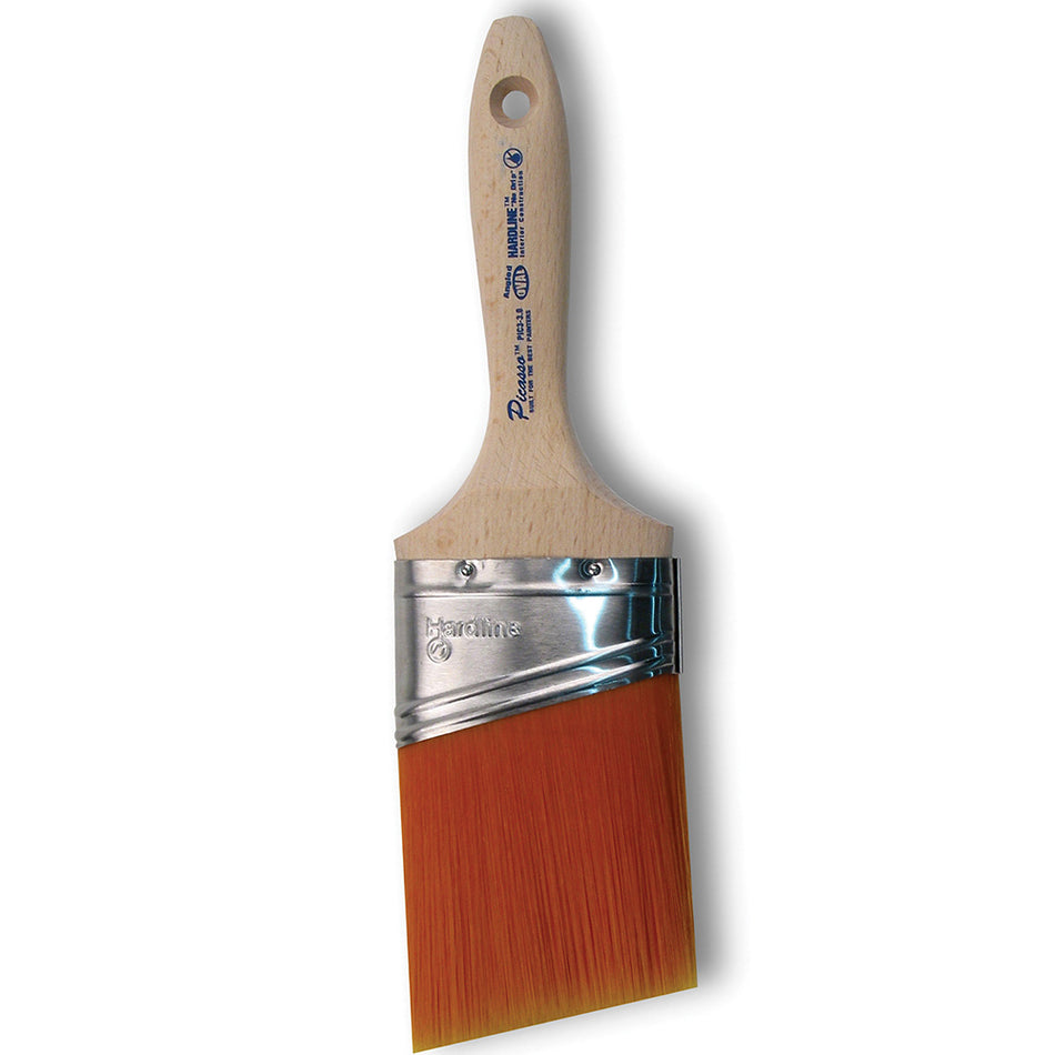The Proform Chisel Picasso Oval Angled Beaver Tail Paint Brush PIC13 features a sleek black handle with a comfortable grip. The bristles are firm and densely packed, ensuring optimal paint pickup and smooth application. 