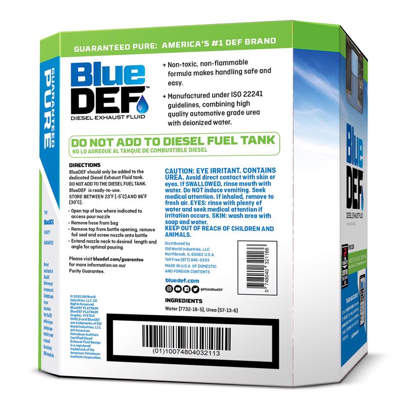Peak Blue DEF Diesel Exhaust Fluid 2.5 Gal back label.