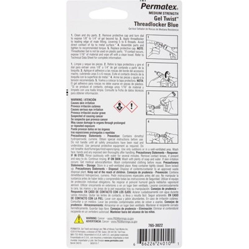 Permatex Medium Strength Gel Twist Threadlocker back of package label.
