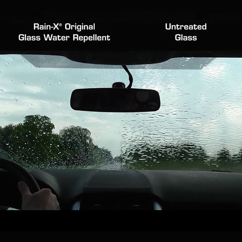 Rain-X Original Water Repellant Liquid showing treated and untreated glass side by side.