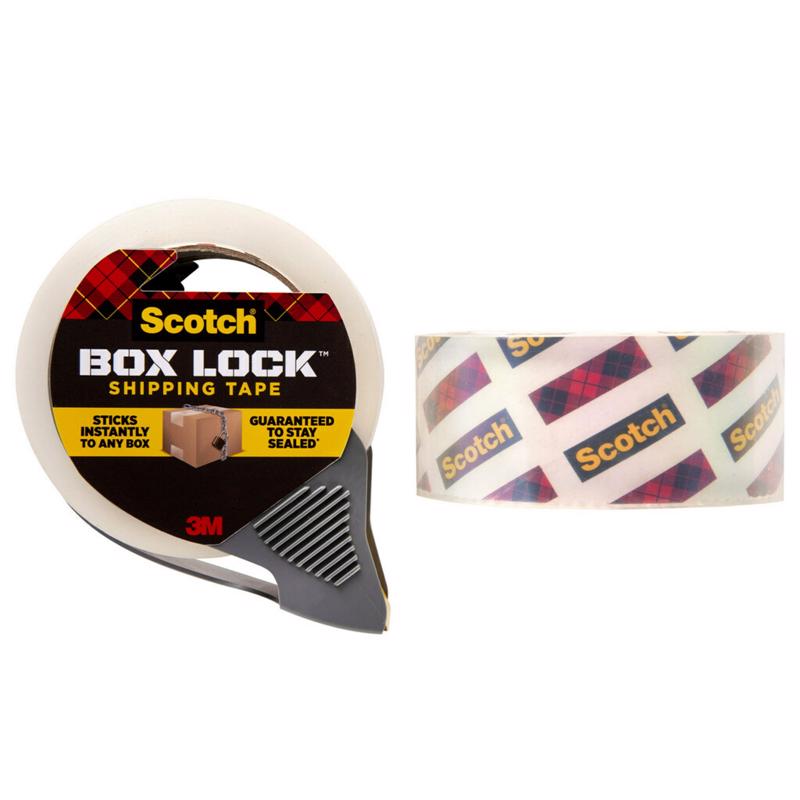 Scotch Box Lock Clear Packing Tape on the dispenser with a roll next to it.