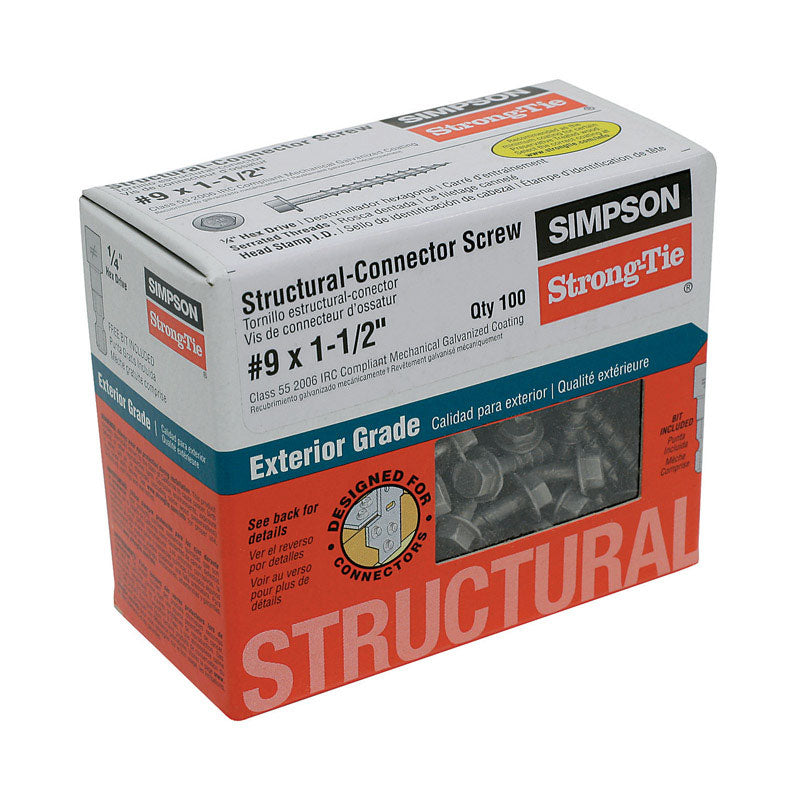 Simpson Strong Tie Structural Connector Screws 9 x 1-1/2 inch 100 Pack