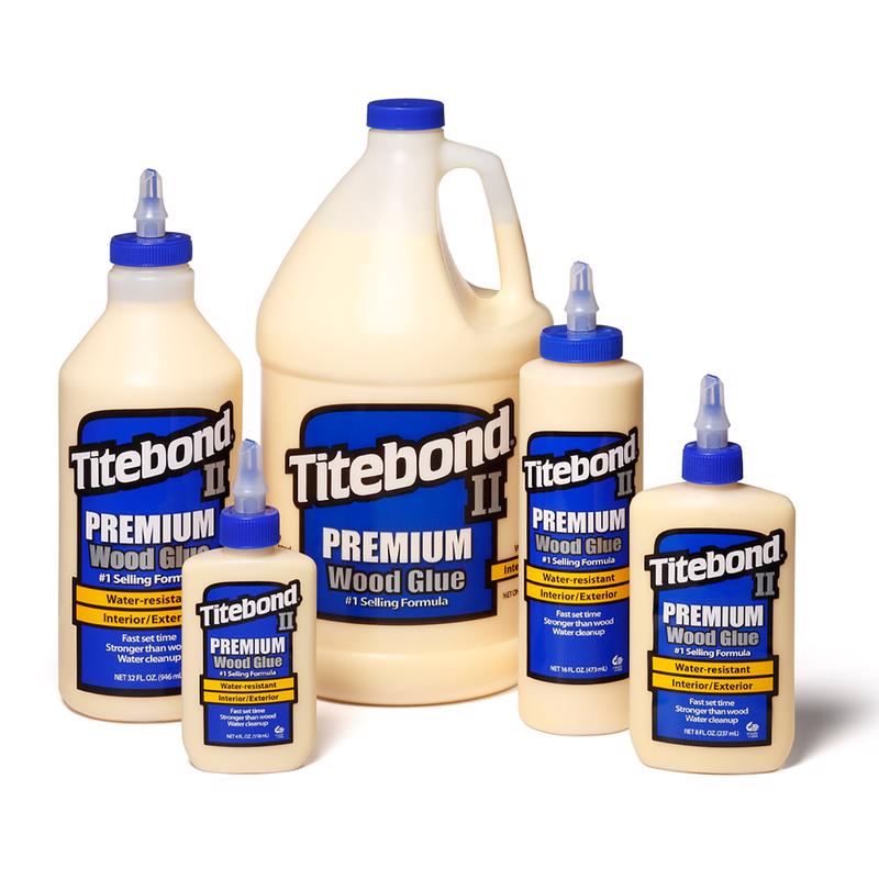 Franklin Titebond II Premium Wood Glue showing all bottle sizes.