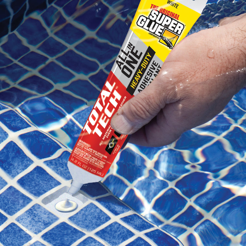 The Original Super Glue Total Tech Construction Adhesive Sealant being applied to repair a pool liner.