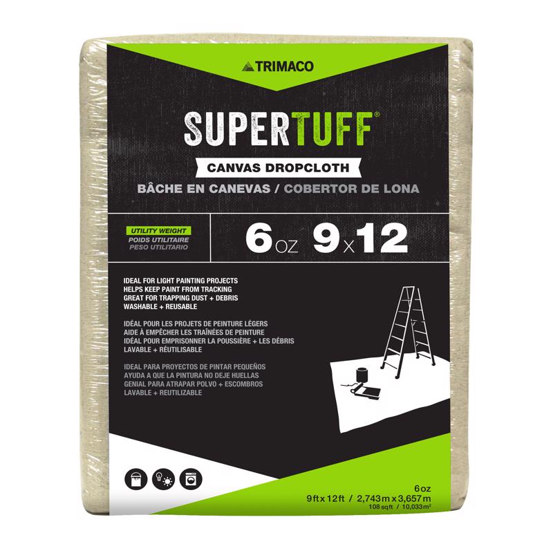 Trimaco SuperTuff 6 oz Canvas Drop Cloth displayed in a shrink wrapped package.