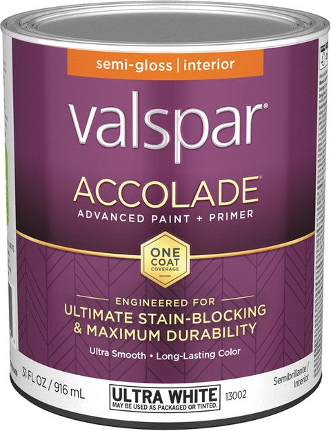 Valspar Accolade Semi-Gloss Finish Ultra White Interior Paint & Primer 13002 Quart
