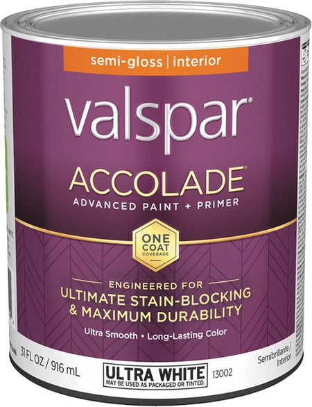 Valspar Accolade Semi-Gloss Finish Ultra White Interior Paint & Primer 13002 Quart