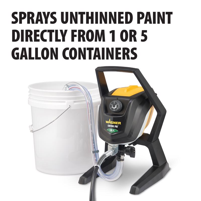 The Wagner Control Pro 150 Metal Airless Paint Sprayer shown next to a bucket of paint.