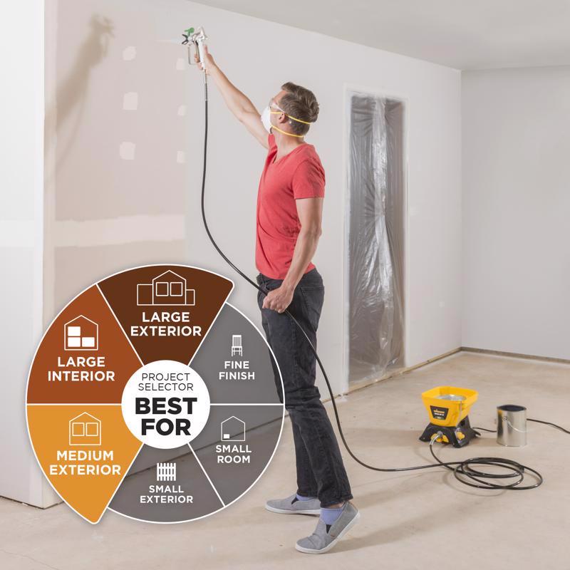 A man using the Wagner Control Pro 130 1600 psi Metal Gravity-Feed Paint Sprayer to spray paint on drywall.