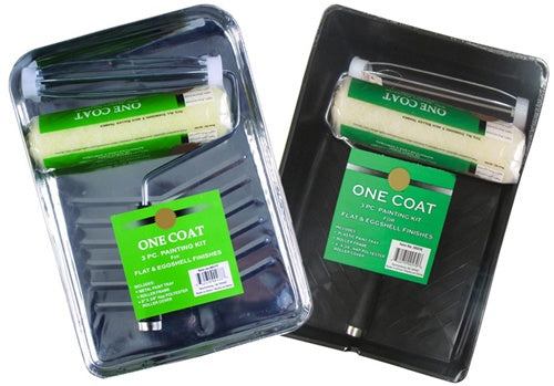 3-Piece One Coat Roller & Tray Paint Kits with both the plastic and steel tray options are depicted in the image.