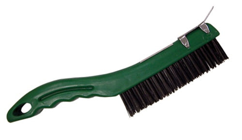 Shoe Handle Green Plastic Wire Brush With Scraper highlighting the metal scraper and molded plastic handle.