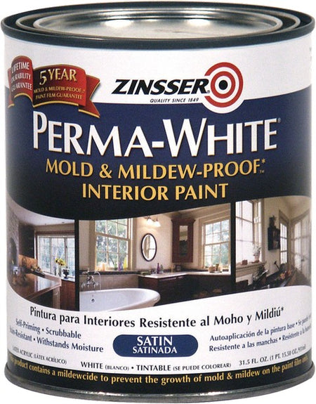 Zinsser PERMA-WHITE Mold & Mildew-Proof Interior Paint Satin White Quart