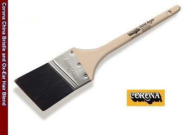 The image showcases the Corona Oxlite Angle Black China Ox-Ear Hair Blend Paint Brush 11590. The brush features an angular shape, a hardwood rat-tail handle, and a square stainless-steel ferrule. The bristles are a blend of black China bristle and Ox-Ear hair, providing excellent paint retention and smooth application.