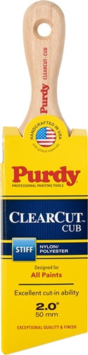 Purdy Clearcut Cub Paint Brush features a customized nylon/polyester blend bristle and is shown in manufacturer packaging.