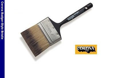 Corona-brand paintbrush with badger-style bristle, black handle and silver ferrule, isolated on white background.