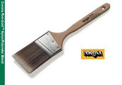 The image shows the Corona Cortez™ Red-Gold™ Angular Sash Paint Brush 18560 with its nylon and polyester blend bristles, hand-formed chisel, unlacquered hardwood beavertail handle, and square stainless-steel ferrule.