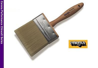 The image shows a close-up of the Corona Stainnex Performance Chinex Paint Brush 20350. The brush has a wooden handle with a comfortable grip and finely tapered synthetic bristles.