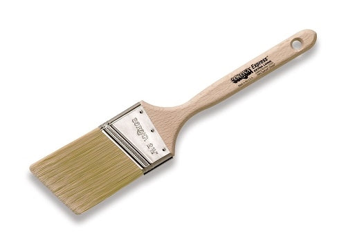 A high-quality image depicting the Corona Express Performance Chinex Paint Brush 20565. The brush features an extra-long stock, a firm flex, a hand-formed chisel shape, a stainless steel ferrule, and a beechwood long sash handle.