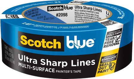 Roll of 3M ScotchBlue Ultra Sharp Lines Painter's Tape on a white background.