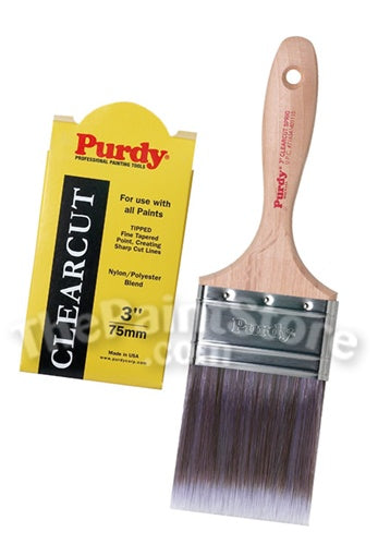 A high-quality image showcasing the Purdy Clearcut Sprig Paint Brush. The brush features a beavertail-shaped, natural hardwood handle and stiff bristles for precise cut-in ability. 