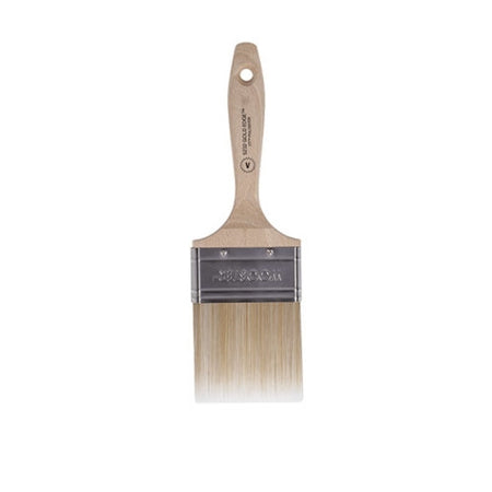 A high-quality image showcasing the Wooster Gold Edge Varnish Paint Brush 5232. The brush features white and gold CT™ polyester filaments, a stainless steel ferrule, and a hardwood handle.