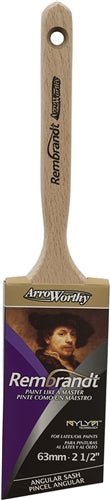 A high-quality image showcasing the ArroWorthy Rembrandt NYLYN Polyester Angle Sash Paint Brush 6422. The brush features a distinctive semi-oval shape and durable bristles. 